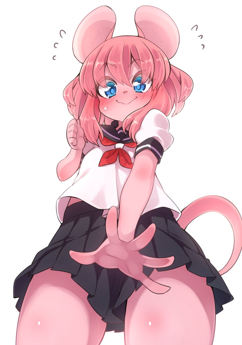 1girl, animal_ears, black_skirt, blush, clenched_hand, covering, covering_crotch, embarrassed, flying_sweatdrops, furry, highres, mouse_ears, mouse_tail, nervous_smile, original, outstretched_arm, outstretched_hand, pink_hair, school_uniform, serafuku, shirt, short_hair, simple_background, skirt, smile, solo, tail, thighs, white_background, white_shirt, yuuki_(yuyuki000)
