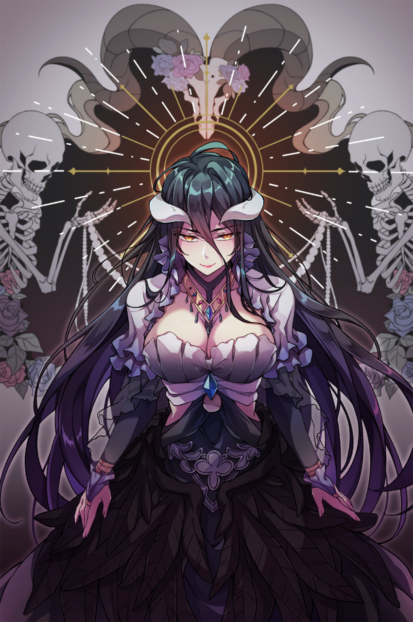 1girl, albedo, alternate_costume, animal_skull, artist_request, black_hair, black_wings, breasts, cleavage, demon_horns, dress, feathered_wings, flower, flower_ornament, frilled_dress, frills, glover, hair_between_eyes, halo, highres, horns, jewelry, large_breasts, light_rays, looking_at_viewer, low_wings, necklace, overlord_(maruyama), rose, sheep_horns, skeleton, slit_pupils, smile, wings, yellow_eyes