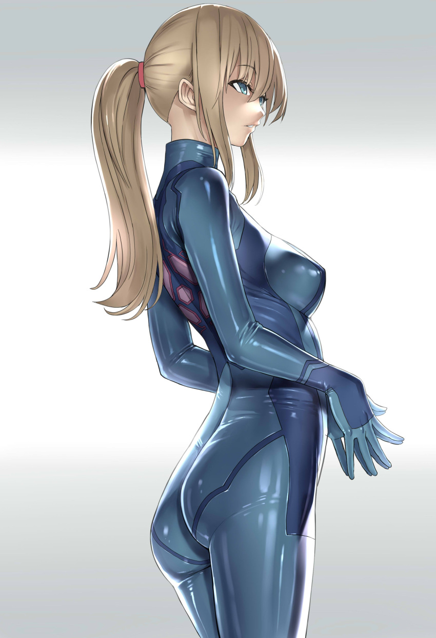 1girl, absurdres, ass, bangs, blonde_hair, blue_eyes, bodysuit, breasts