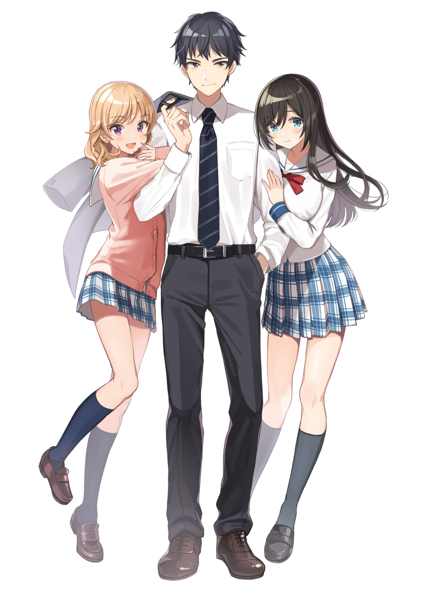 1boy, 2girls, :d, absurdres, belt, black_footwear, black_hair, black_legwear