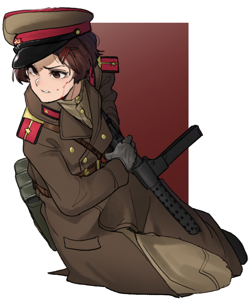 1girl, blood, blood_on_face, brown_eyes, brown_hair, coat, gloves, gun