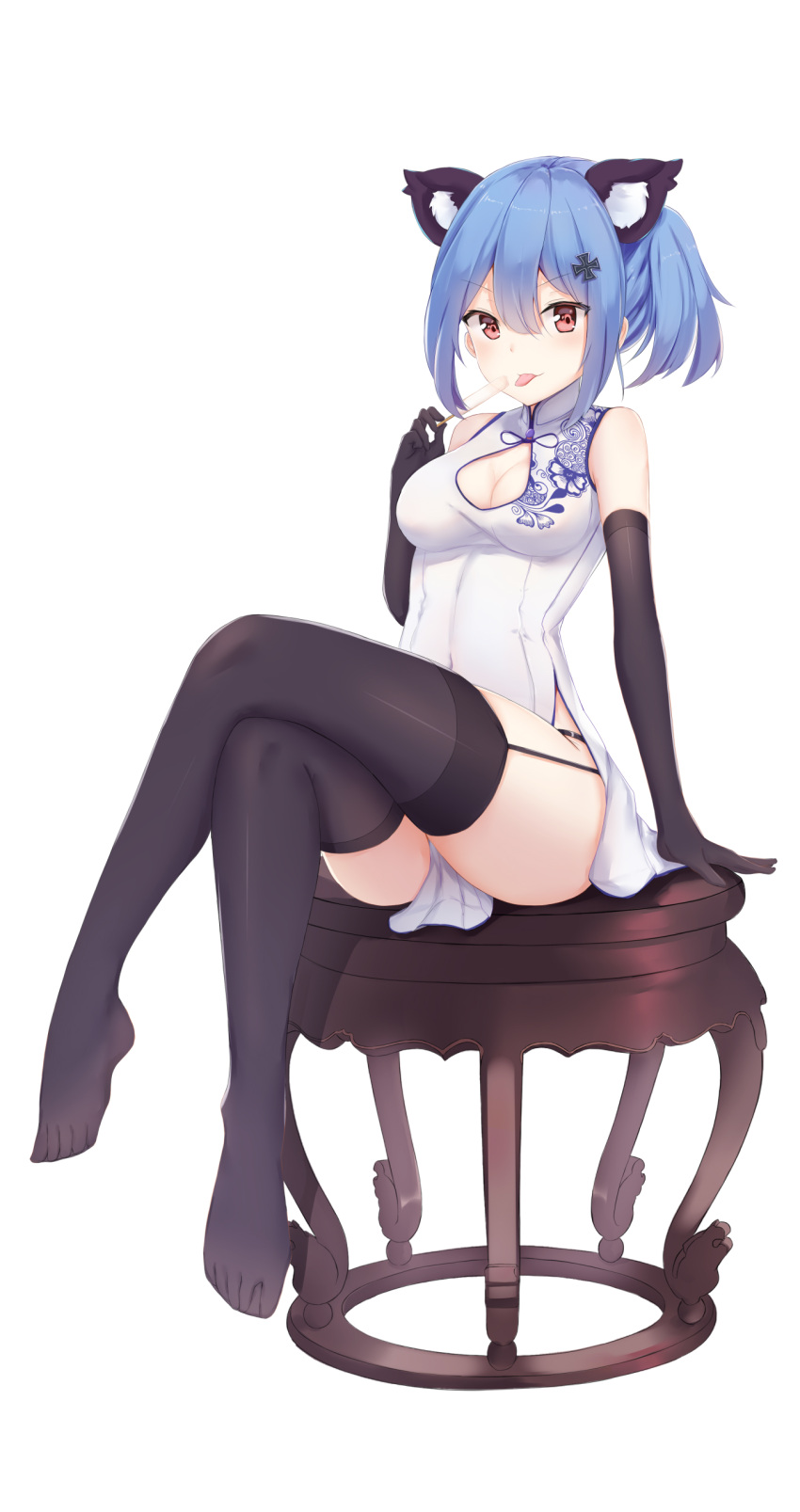 1girl, :p, absurdres, animal_ear_fluff, animal_ears, bangs, bare_shoulders, black_gloves, black_legwear, black_panties, blue_hair, blush, breasts, china_dress, chinese_clothes, cleavage, closed_mouth, commentary_request, dress, elbow_gloves, eyebrows_visible_through_hair, filings_(ailuo_c), food, garter_straps, gloves, hair_between_eyes, hair_ornament, highres, holding, holding_food, iron_cross, legs_crossed, looking_at_viewer, medium_breasts, no_shoes, panties, popsicle, prinz_eugen_(zhan_jian_shao_nyu), red_eyes, short_hair, sidelocks, simple_background, sitting, sleeveless, sleeveless_dress, smile, solo, thigh-highs, tongue, tongue_out, underwear, white_background, white_dress, zhan_jian_shao_nyu
