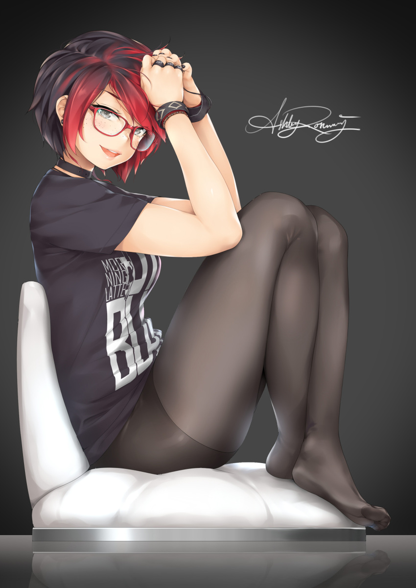 1girl, absurdres, ashley_rosemarry, bangs, black_hair, black_legwear, black_nails, black_shirt