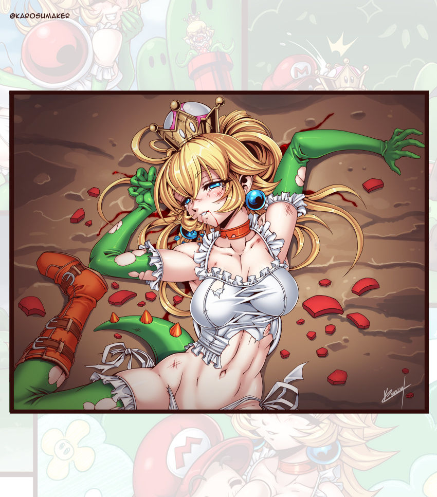 1girl, absurdres, blonde_hair, blood, comic, death, elbow_gloves, empty_eyes