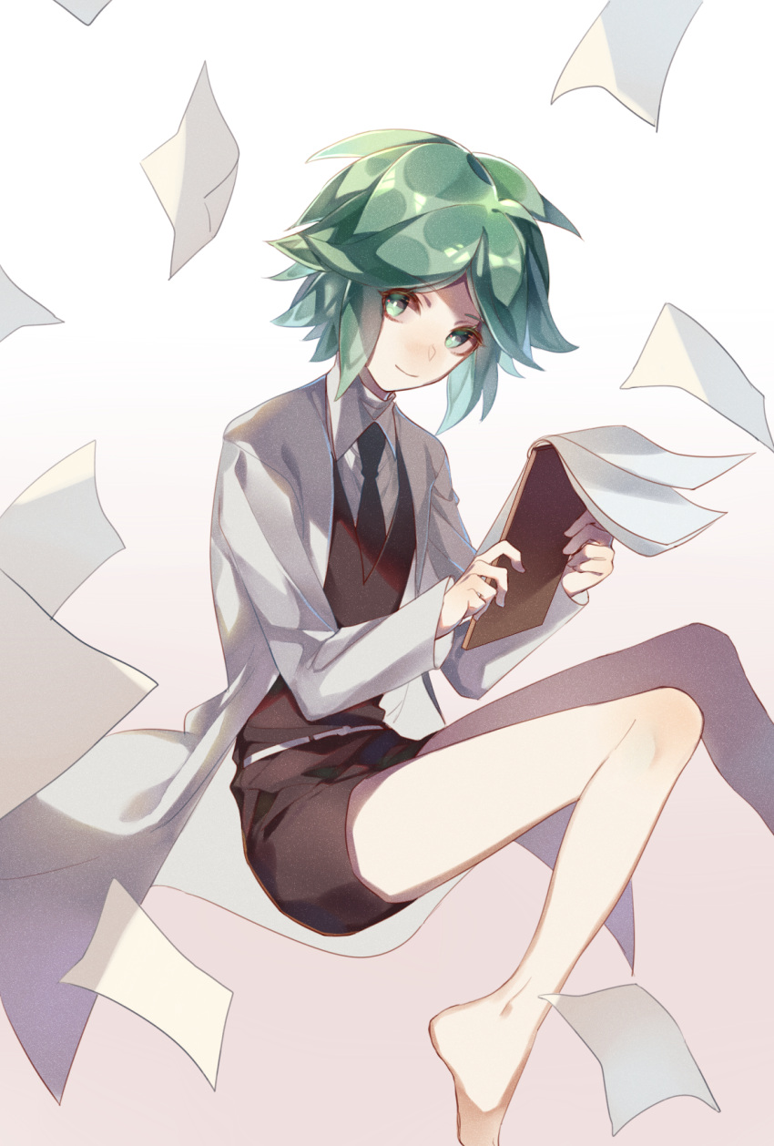1other, androgynous, barefoot, clipboard, gem_uniform_(houseki_no_kuni), green_eyes, green_hair, highres