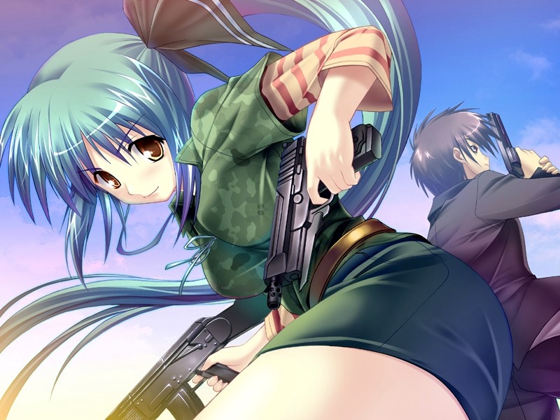 belt, beretta_93r, black_hair, blue_hair, brown_eyes, brown_hair, camouflage, chidori_kaname, formal, full_metal_panic, game_cg, green_hair, gun, handgun, hongou_akira, long_hair, miniskirt, otaku_masshigura, pistol, ponytail, ribbon, rifle, sagara_sousuke, shirt, short_hair, skirt, skirt_suit, smile, striped, striped_shirt, stripped_shirt, suit, takasuki_suzuka, weapon