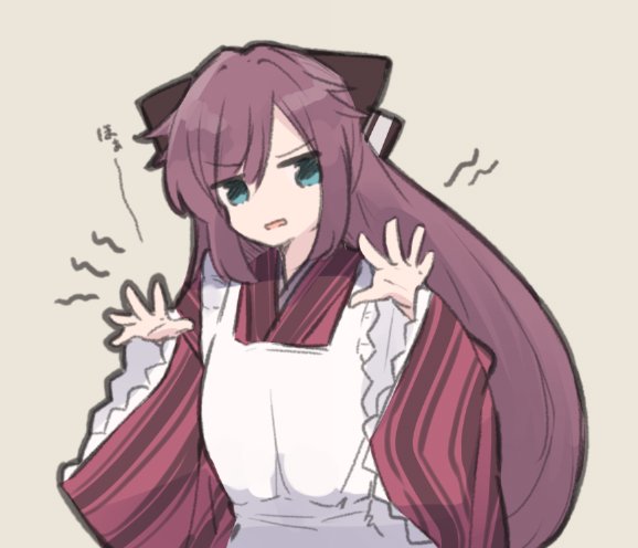 1girl, apron, bangs, bow, brown_background, brown_bow, brown_hair, commentary_request