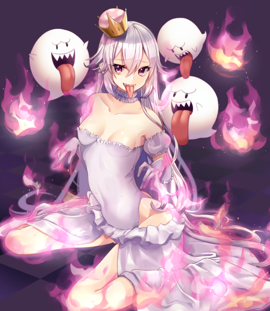 1girl, :d, bangs, bare_shoulders, boo, breasts, checkered, checkered_floor