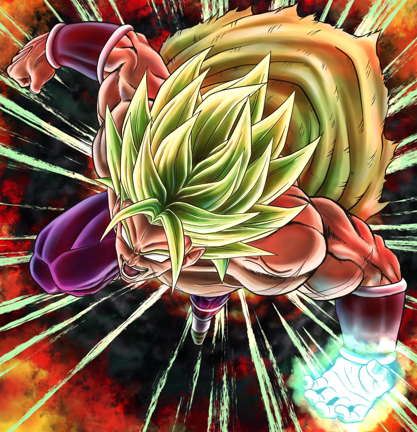 1boy, absurdres, anger_vein, attacking_viewer, blank_eyes, boots, broly_(dragon_ball_super), clenched_hand