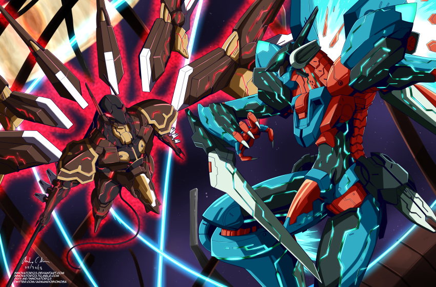 absurdres, anubis_(z.o.e), arm_blade, bodysuit, fin_funnels, funnels, glowing, glowing_eyes, green_eyes, highres, innovator123, jehuty, lance, mecha, mechanical_wings, neon_trim, no_humans, orbital_frame, polearm, power_connection, red_eyes, robot_ears, space, spear, staff, tail, weapon, wings, zone_of_the_enders, zone_of_the_enders_2