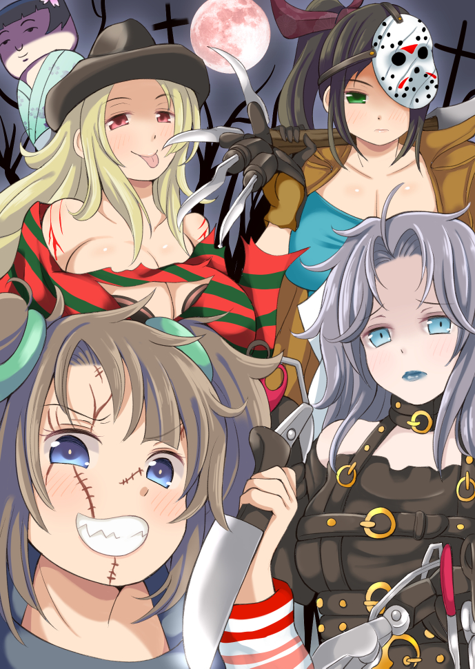 4girls, black_hair, blonde_hair, blood, blue_eyes, breasts, brown_hair, cleavage, cosplay, freddy_krueger, freddy_krueger_(cosplay), green_eyes, grey_hair, grin, halloween, huge_breasts, jason_voorhees, jason_voorhees_(cosplay), long_hair, looking_at_viewer, machete, medium_breasts, minori_(senran_kagura), mole, mole_under_mouth, multiple_girls, murakumo_(senran_kagura), pyonpyonmaru, red_eyes, senran_kagura, senran_kagura_shinovi_versus, shiki_(senran_kagura), smile, tongue, tongue_out, yozakura_(senran_kagura), yumi_(senran_kagura)