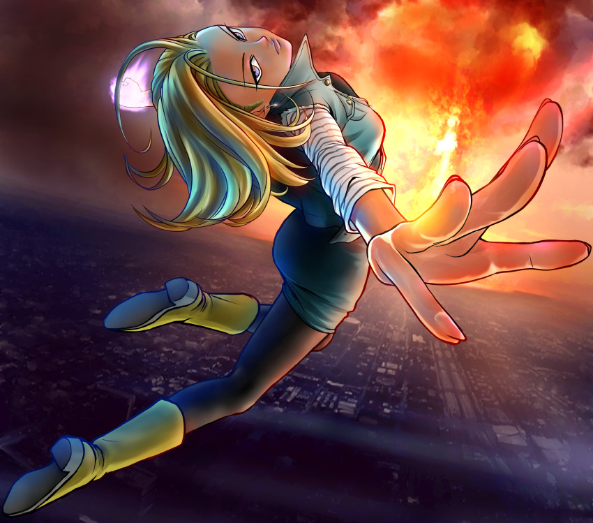 1girl, absurdres, android_18, ass, black_legwear, blonde_hair, blue_eyes, boots, breasts, city, cityscape, commentary_request, dragon_ball, dragonball_z, dutch_angle, energy, expressionless, eyebrows_visible_through_hair, eyelashes, fingernails, fire, floating_hair, flying, from_above, full_body, highres, light_smile, long_sleeves, looking_at_viewer, looking_back, nagare_seiya, outdoors, outstretched_arms, outstretched_hand, skirt, solo, waistcoat