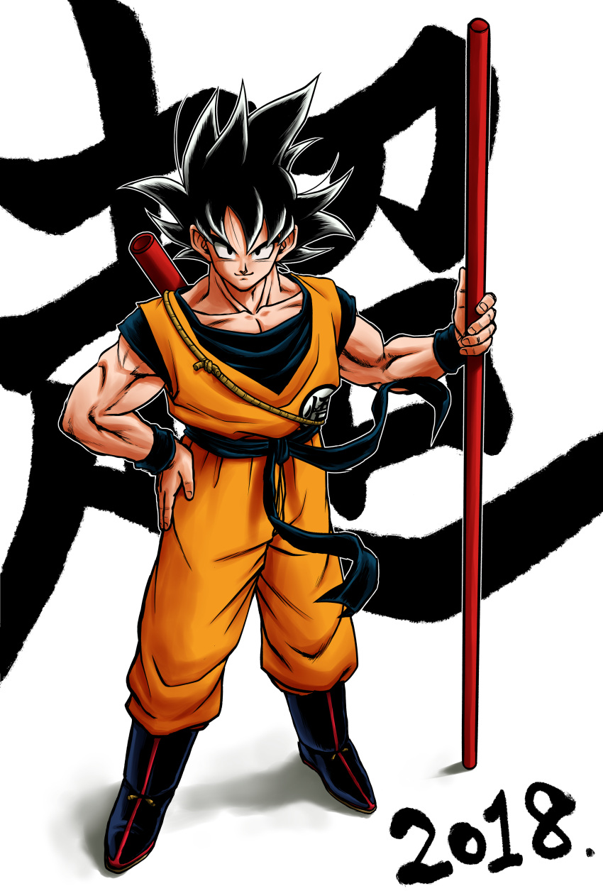 1boy, 2018, absurdres, black_eyes, black_hair, boots, clothes_lift, commentary, dougi, dragon_ball, dragon_ball_super, dragon_ball_super_broly, dragonball_z, fingernails, floating_hair, full_body, hand_on_hip, happy, highres, holding, looking_at_viewer, male_focus, nagare_seiya, nyoibo, shaded_face, shadow, short_hair, simple_background, smile, son_gokuu, spiky_hair, standing, translated, white_background, wristband