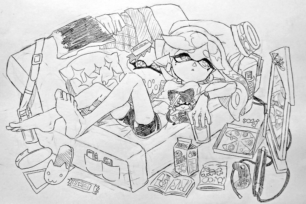 +_+, bare_legs, black_shorts, carton, controller, couch, cup, domino_mask
