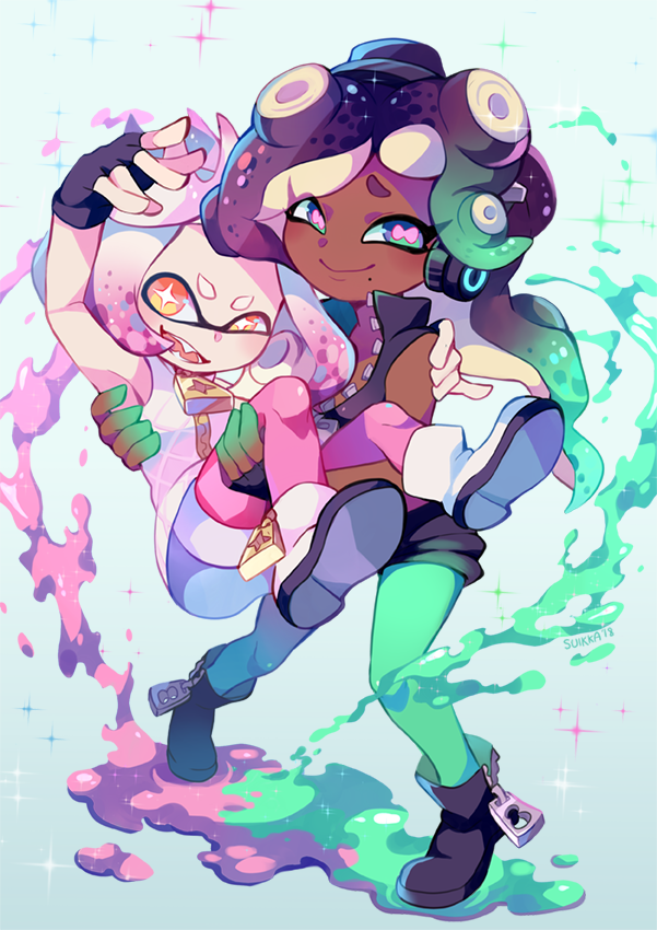 +_+, 2girls, arm_around_shoulder, arm_up, artist_name, boots, carrying, cephalopod_eyes