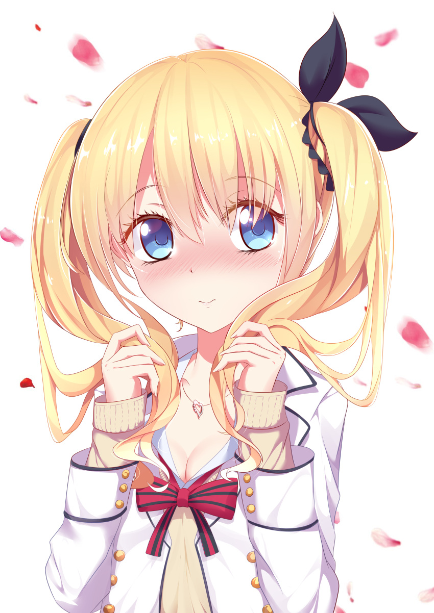 1girl, absurdres, blonde_hair, blue_eyes, blush, breasts, cleavage, highres