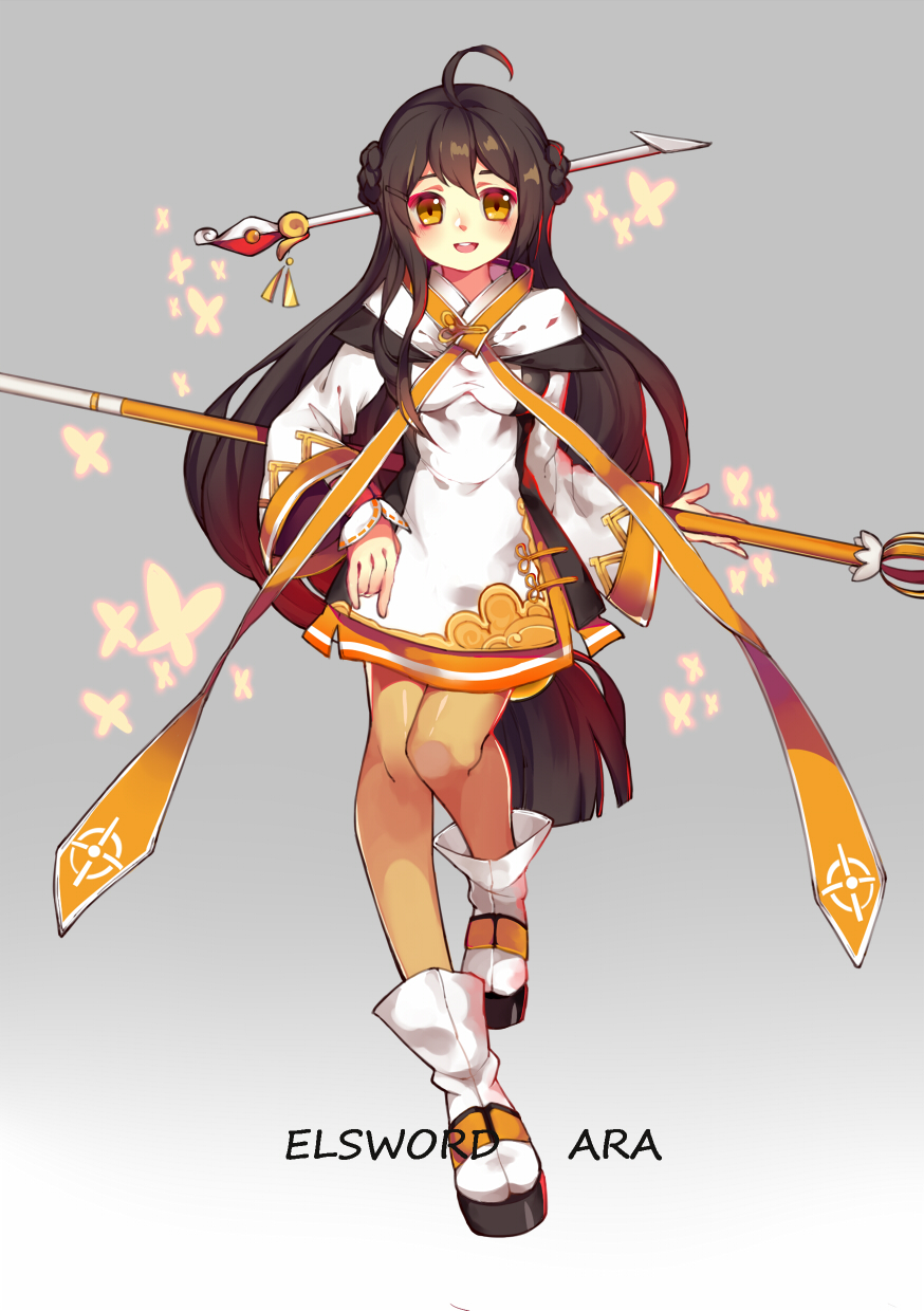 1girl, ahoge, ara_han, black_hair, blush, bug, butterfly, elsword