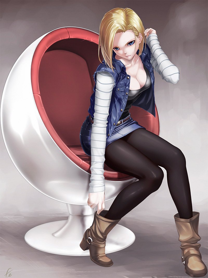 1girl, adjusting_footwear, adjusting_hair, android_18, belt, black_legwear, blonde_hair, blue_eyes, boots, breasts, brown_footwear, cleavage, collarbone, denim, denim_skirt, denim_vest, dragon_ball, dragonball_z, egg_chair, fenrir_(fenlil0316), jacket, looking_at_viewer, medium_breasts, pantyhose, short_hair, sitting, skirt, solo