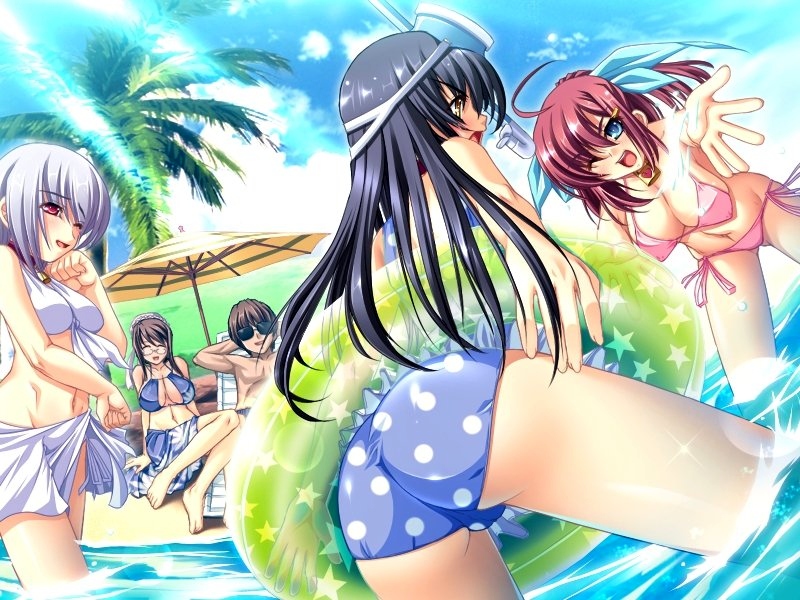 ass, beach, bikini, black_hair, blue_eyes, brown_eyes, diving_mask, game_cg, goshujin-sama_daisuki, ichijou_ema, innertube, kuu_spitfire, long_hair, multiple_girls, murakumo_sakura, polka_dot, red_eyes, red_hair, redhead, shishiouin-hime, short_hair, silver_hair, snorkel, speedo, sunglasses, swimsuit, yatsuha_kanan