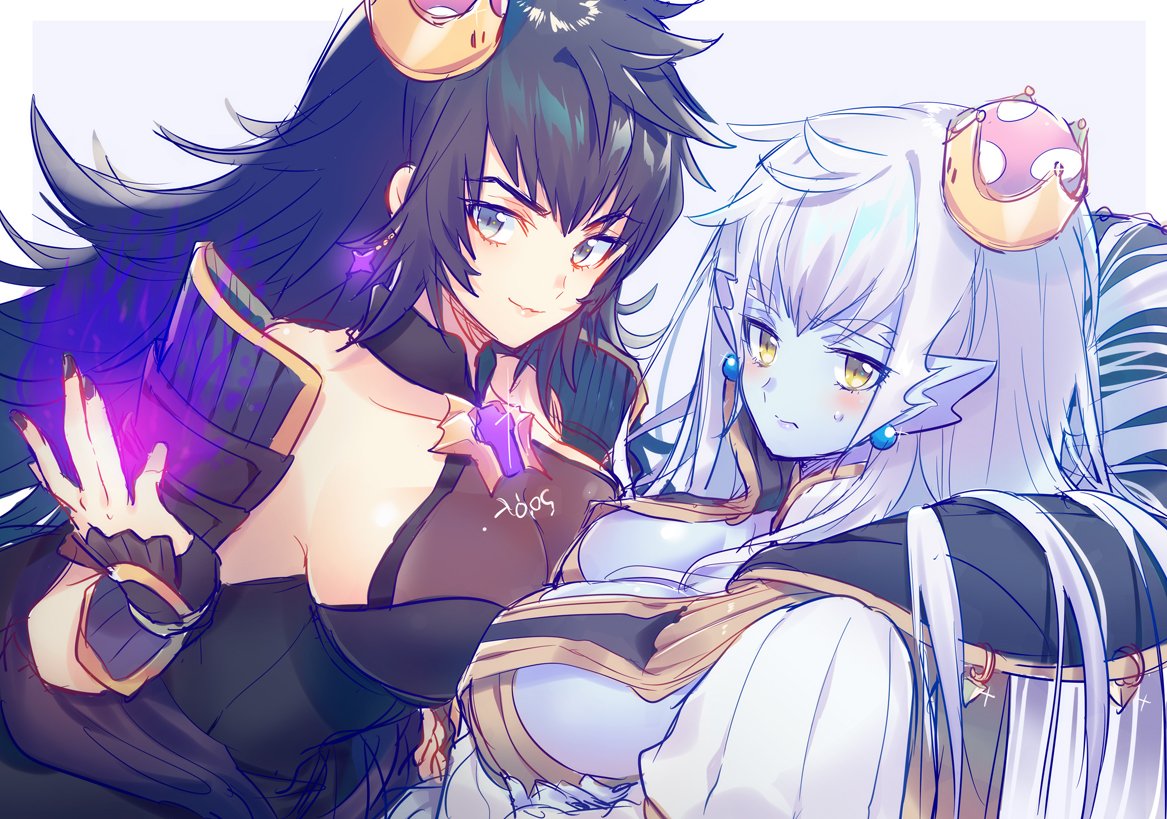 2girls, black_eyes, black_hair, black_nails, blue_skin, breast_press, breasts, chest_jewel