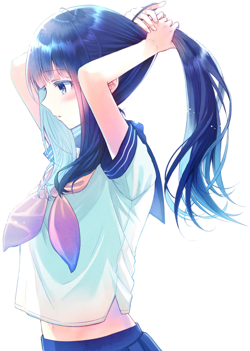 1girl, arms_up, bangs, blue_eyes, blue_hair, blue_sailor_collar, blue_skirt, blush