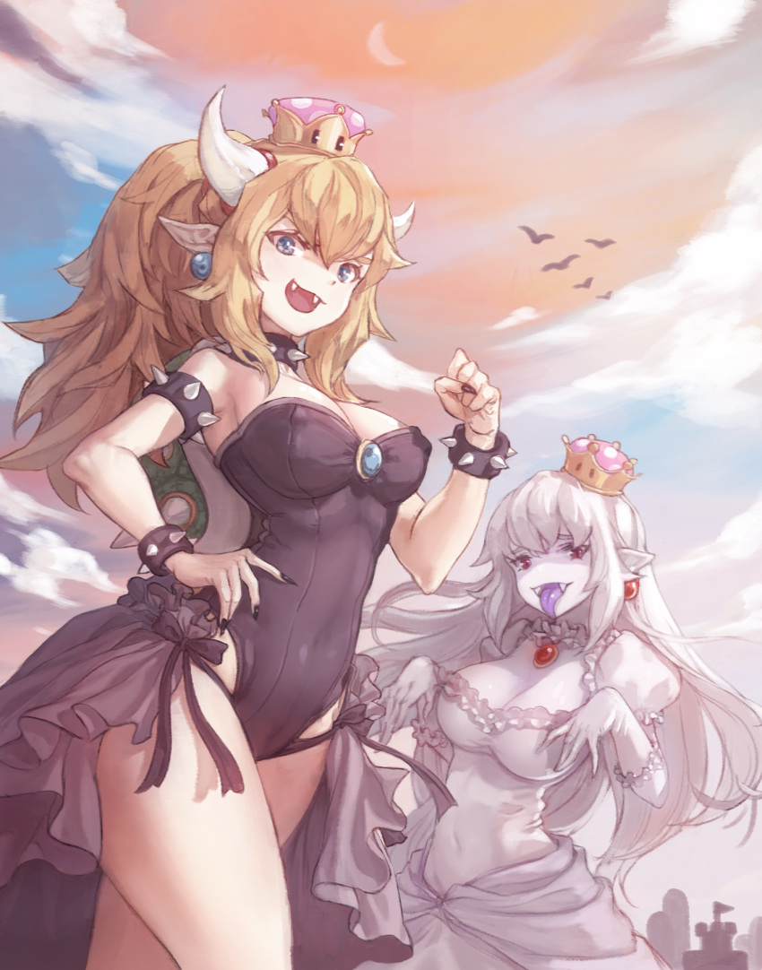 2girls, :d, armlet, bare_shoulders, bird, black_leotard, black_nails, blonde_hair