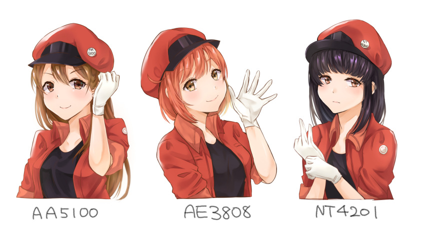 3girls, aa-5100, adjusting_hair, ae-3803, ahoge, black_hair, black_shirt, breasts