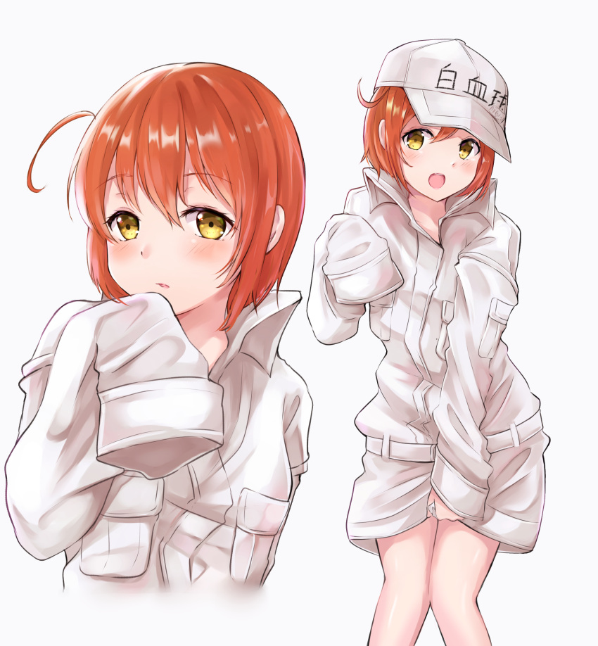 1girl, ae-3803, ahoge, baseball_cap, blush, collared_shirt, cosplay, cowboy_shot