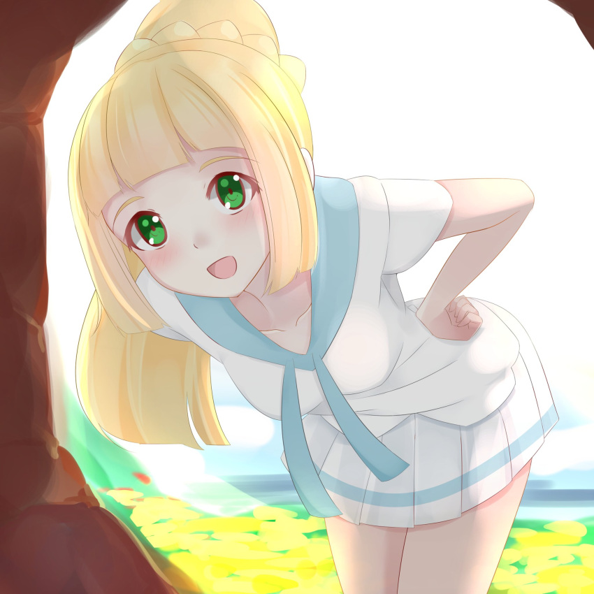 1girl, bent_over, blonde_hair, breasts, collarbone, creatures_(company), game_freak, green_eyes