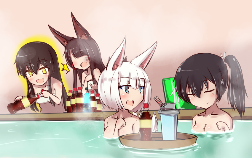 4girls, akagi_(kantai_collection), akagi_(zhan_jian_shao_nyu), animal_ears, azur_lane, bath, bathing, black_hair