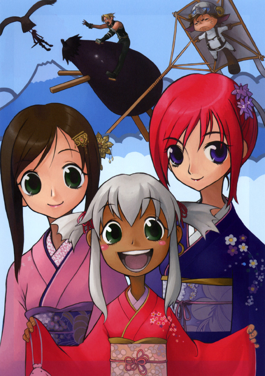 brown_hair, cliff_fittir, dark_skin, fayt_leingod, green_eyes, hair_ornament, highres, japanese_clothes