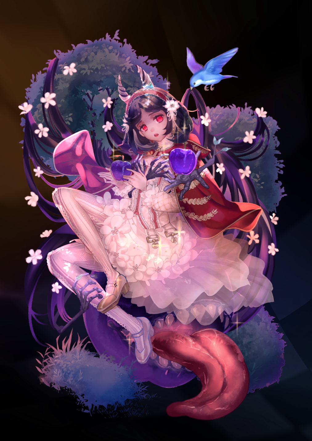 1girl, :o, apple, bird, black_background, black_hair, bluebird, criac