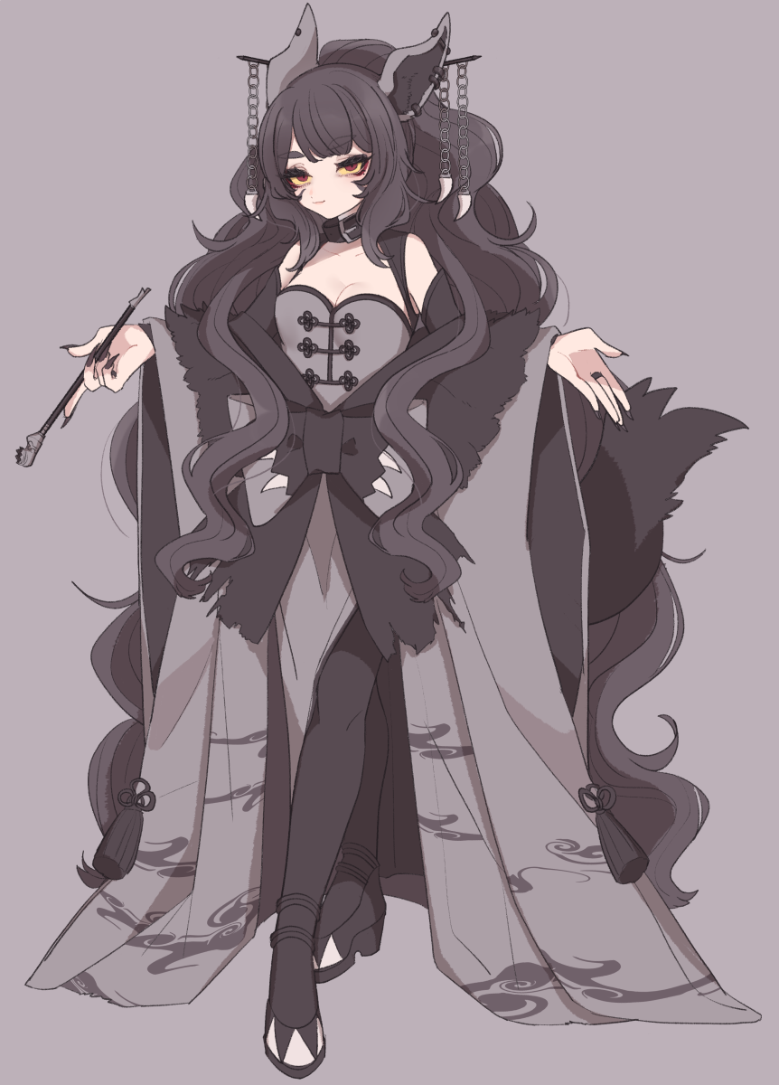 1girl, animal_ears, black_footwear, black_legwear, black_nails, breasts, cleavage, cloud_print