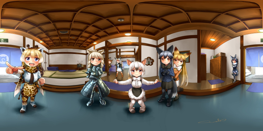 absurdres, animal_ears, black_hair, blonde_hair, blue_eyes, capybara_(kemono_friends), ezo_red_fox_(kemono_friends), grey_hair