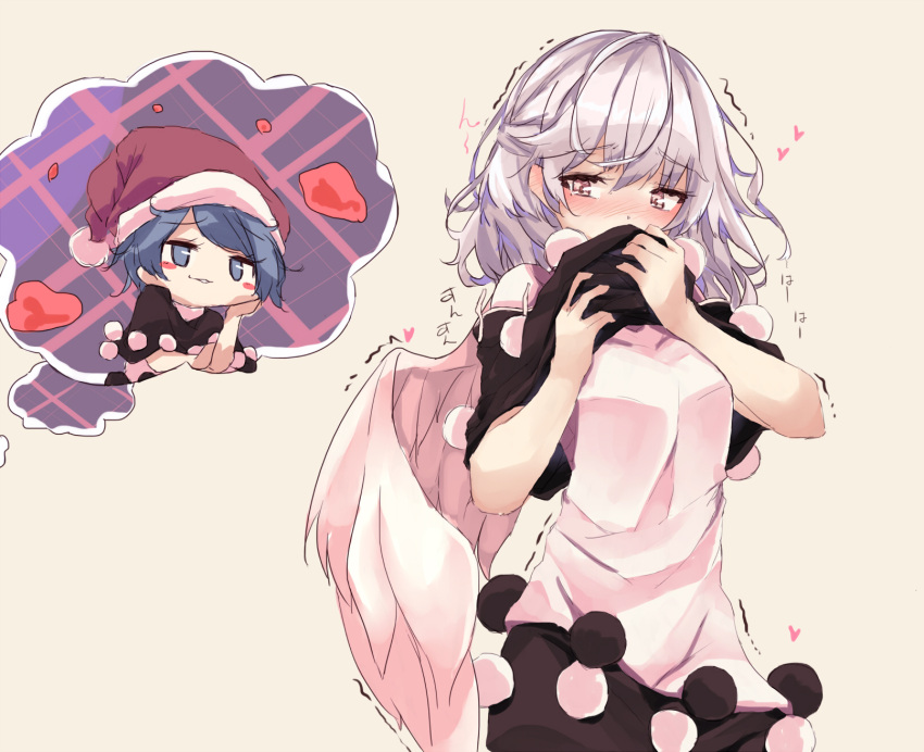 2girls, bangs, beige_background, black_capelet, black_dress, blob, blue_eyes, blue_hair