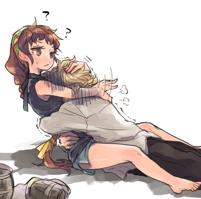 1boy, 1girl, ?, bandanna, barefoot, black_panties, black_shirt, blue_shorts, braid, braided_ponytail, brown_eyes, brown_hair, grey_shirt, hug, isuzu_(log_horizon), log_horizon, long_hair, lunderhaus_cord, mo_(deciliter), panties, ponytail, shirt, short_shorts, shorts, single_braid, sitting, sleeveless, sleeveless_shirt, underwear, very_long_hair, white_background