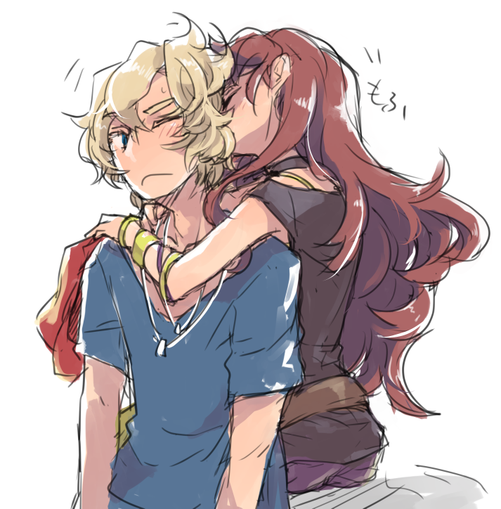1boy, 1girl, black_shirt, blonde_hair, blue_eyes, blue_shirt, bracelet, brown_hair