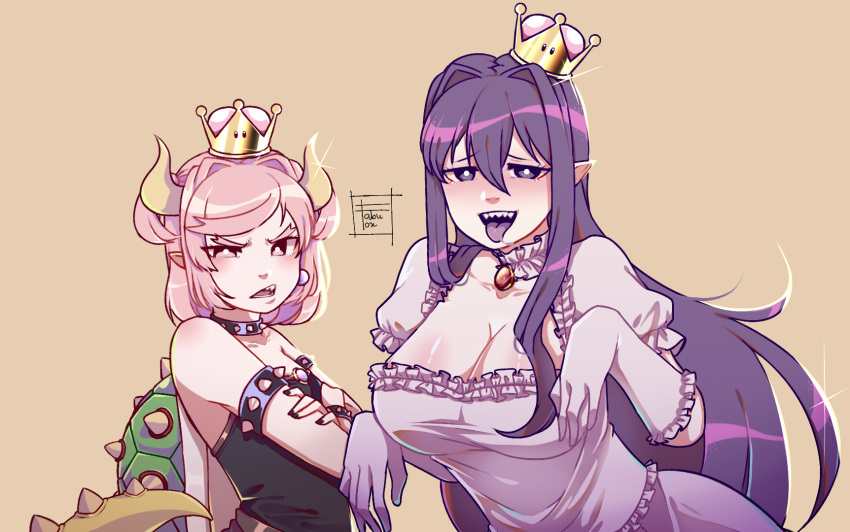 2girls, bowsette, bowsette_(cosplay), bracelet, breasts, cleavage, cosplay, crossover
