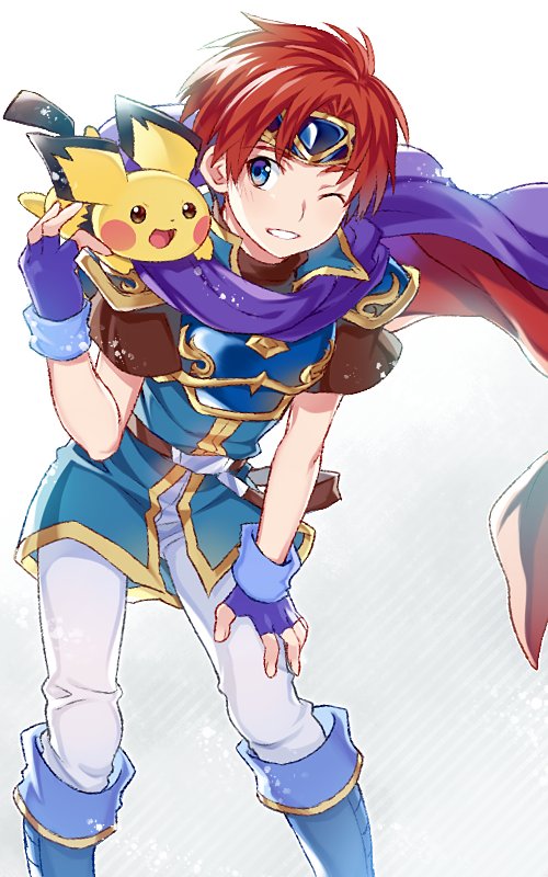 1boy, armor, blue_eyes, cape, creatures_(company), fire-emblem_heroes, fire_emblem, fire_emblem:_fuuin_no_tsurugi, game_freak, gen_2_pokemon, gloves, grin, looking_at_viewer, nintendo, one_eye_closed, pauldrons, pichu, pokemon, pokemon_gold_and_silver, redhead, roy_(fire_emblem), simple_background, smile, solo, super_smash_bros., super_smash_bros_melee, super_smash_bros_ultimate, white_background, yuki_(yuki2061)