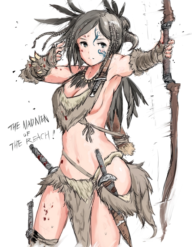 1girl, bow_(weapon), breasts, cleavage, dagger, feathers, forsworn, groin, hakuaki, hips, loincloth, medium_breasts, navel, sideboob, solo, the_elder_scrolls, the_elder_scrolls_v:_skyrim, thigh_strap, thighs, weapon, white_background