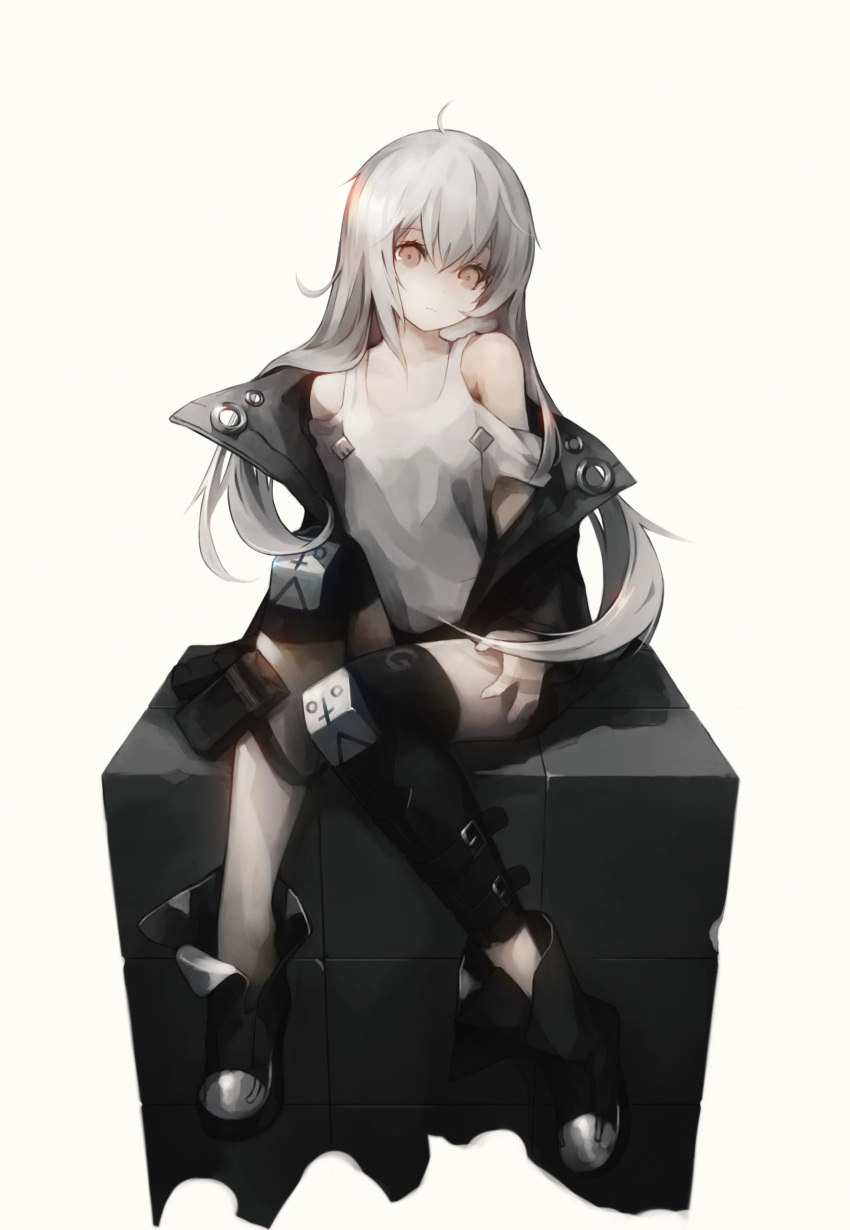 1girl, absurdres, ahoge, black_jacket, boots, closed_mouth, expressionless, full_body