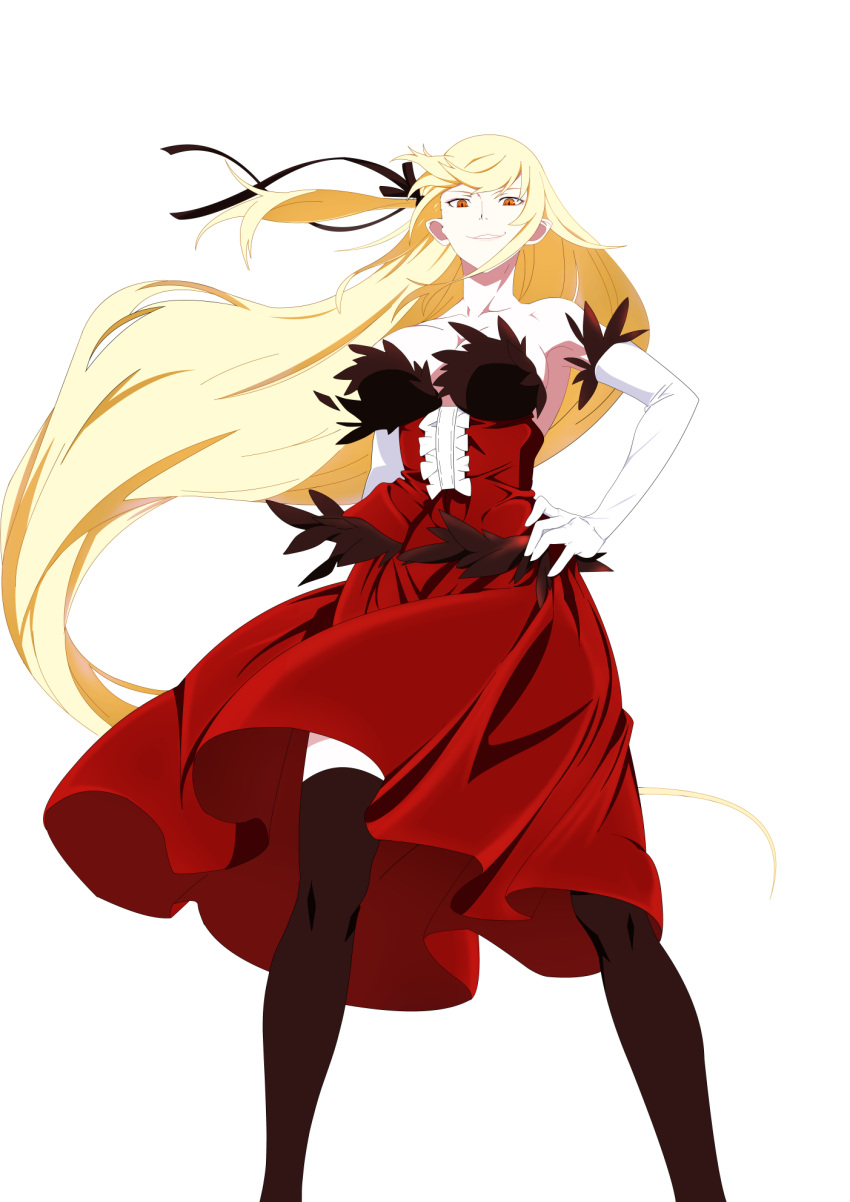 1girl, bakemonogatari, bare_shoulders, black_legwear, black_ribbon, blonde_hair, breasts, cleavage, dress, feather-trimmed_gloves, feather_trim, gloves, hair_ribbon, hand_on_hip, highres, kiss-shot_acerola-orion_heart-under-blade, large_breasts, long_hair, looking_at_viewer, looking_down, monogatari_(series), oshino_shinobu, otsunabe_(naabe_delta), pointy_ears, red_dress, ribbon, simple_background, smirk, solo, strapless, strapless_dress, thigh-highs, very_long_hair, white_background, white_gloves, yellow_eyes