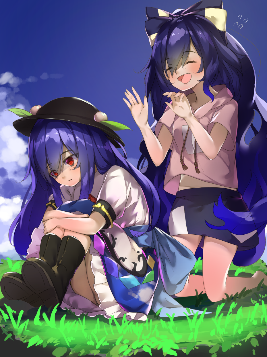 2girls, barefoot, behind_another, black_footwear, blue_hair, blue_skirt, blue_sky, boots