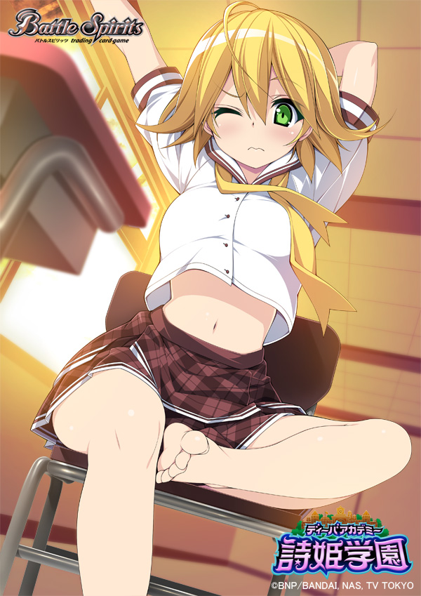 1girl, ;), ahoge, arm_behind_back, arms_up, bare_legs, barefoot, battle_spirits, blush, breasts, brown_skirt, chair, commentary_request, copyright_name, desk, dutch_angle, eyebrows_visible_through_hair, feet, green_eyes, indoors, kinoshita_ichi, layered_skirt, looking_at_viewer, medium_breasts, medium_hair, midriff, navel, neckerchief, official_art, on_chair, one_eye_closed, plaid, plaid_skirt, sailor_collar, school_chair, school_desk, shiny, shiny_hair, shirt, short_sleeves, sitting, skirt, smile, solo, stretch, toes, undone_neckerchief, wavy_mouth, white_sailor_collar, white_shirt, yellow_neckwear