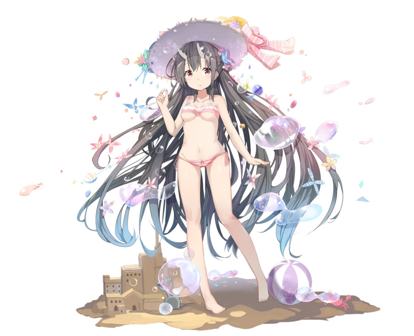 1girl, :o, ball, bangs, bare_arms, bare_legs, bare_shoulders, barefoot