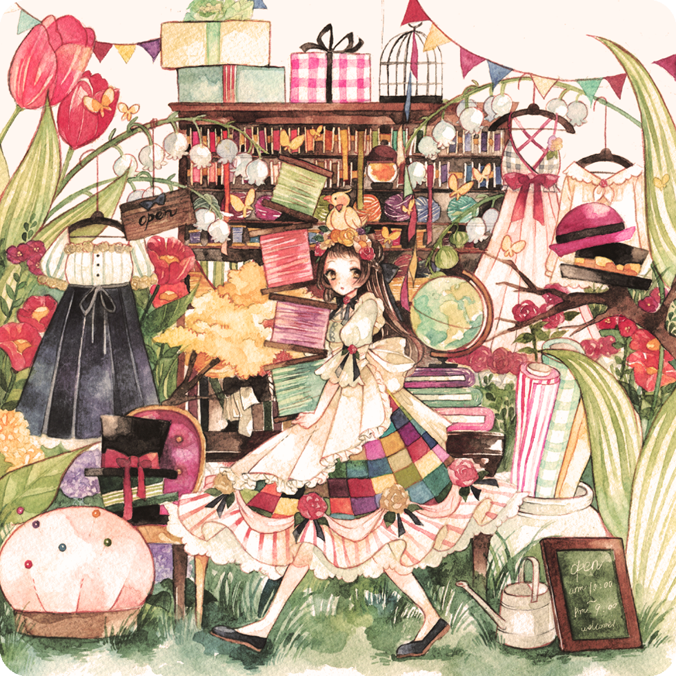 1girl, animal, animal_on_head, apron, banner, bird, bird_on_head, birdcage, black_bow, bow, bowler_hat, branch, brown_eyes, brown_hair, bug, butterfly, cage, carrying, chair, checkered, checkered_skirt, chrysanthemum, cloth, clothes_hanger, commentary_request, decorations, dress, eko_(ecology), flower, frilled_dress, frills, geranium, globe, grass, had, hair_bow, hair_flower, hair_ornament, hair_ribbon, hanging, hat, hat_bow, headband, insect, leaf, long_hair, merchandise, on_head, open_mouth, open_sign, original, oversized_object, package, pale_skin, partial_commentary, petals, pincushion, pins, pot, puffy_sleeves, purple_flower, red_flower, red_rose, ribbon, rose, see-through, shelf, shoes, sign, skirt, spool, stacked_hats, striped, striped_dress, thorn, top_hat, traditional_media, tree, tree_branch, triangle, tulip, walking, watercolor_(medium), watering_can, white_flower, wrapping_paper, yarn, yarn_ball, yellow_flower