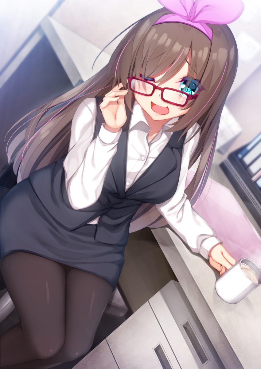 1girl, a.i._channel, adjusting_eyewear, alternate_costume, bangs, bespectacled, black_legwear, black_skirt