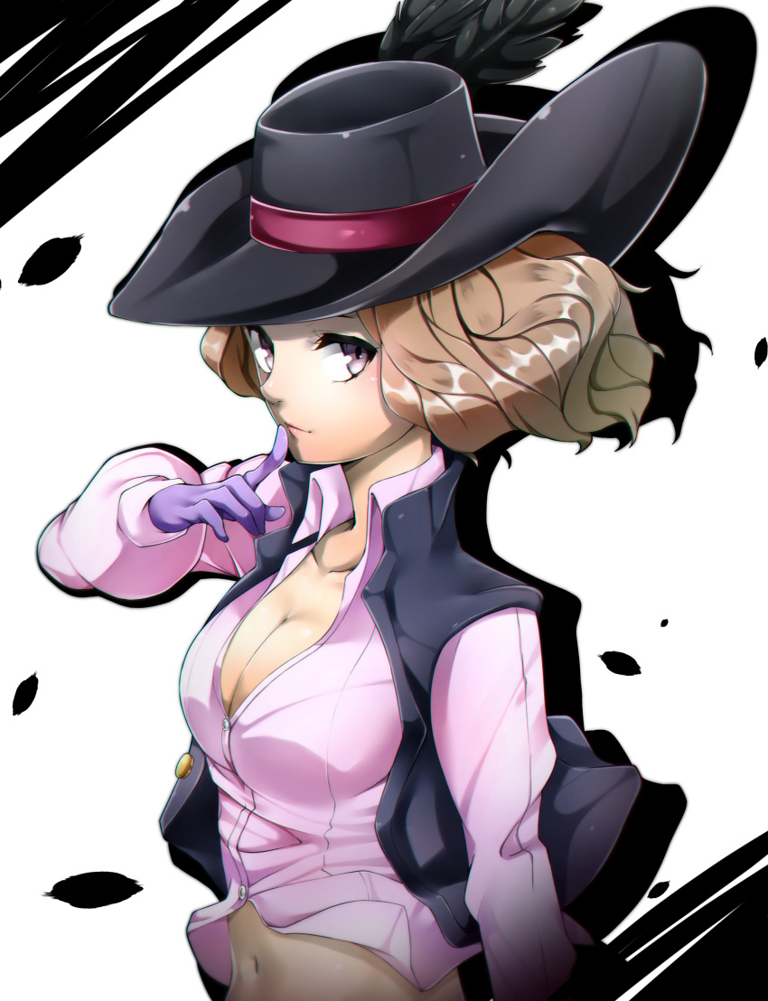 1girl, absurdres, breasts, brown_hair, cleavage, cravat, gloves, hat, hat_feather, highres, imo_(evekelu-111), looking_at_viewer, medium_breasts, navel, okumura_haru, persona, persona_5, pink_eyes, puffy_sleeves, purple_gloves, solo, unbuttoned, unbuttoned_shirt, upper_body, vest