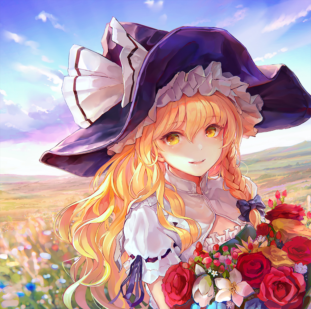 1girl, bangs, black_bow, black_hat, blonde_hair, blue_sky, bouquet, bow