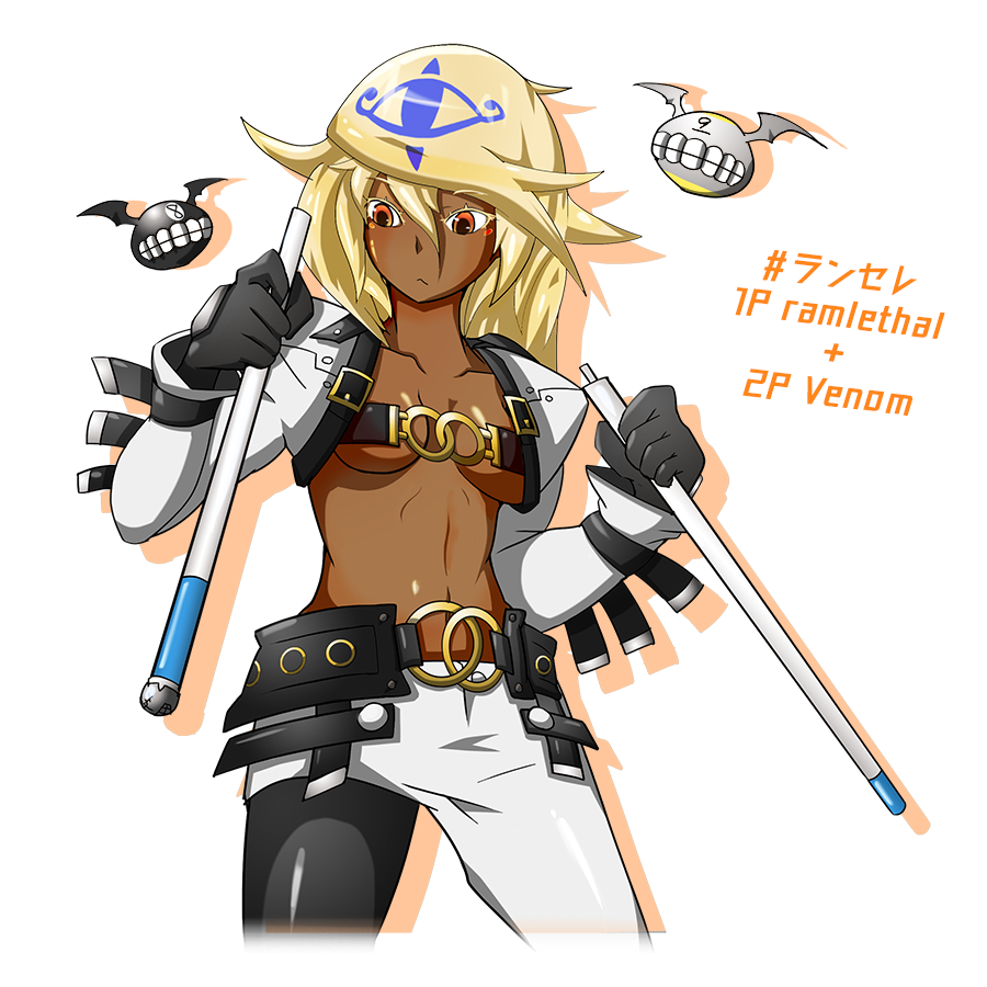1girl, beltbra, black_gloves, blonde_hair, breasts, character_name, cosplay, creature, cropped_jacket, crossdressinging, cue_stick, dark_skin, gloves, guilty_gear, guilty_gear_xrd, hair_between_eyes, long_hair, medium_breasts, nabeyasai, navel, o-ring, o-ring_belt, o-ring_top, orange_eyes, pants, ramlethal_valentine, solo_focus, under_boob, venom_(guilty_gear), venom_(guilty_gear)_(cosplay)